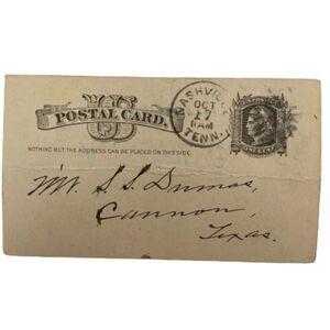 US One Ephemera Cent Postal Card 1882 Cannon/Nashville Texas 1880's